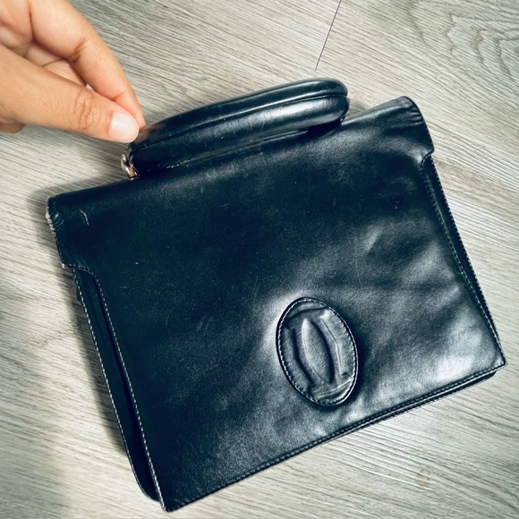 CARTIER BLACK LEATHER VINTAGE TOTE BAG GOLD TONE HARDWARE THE MUST IS CARTIER - Picture 13 of 17